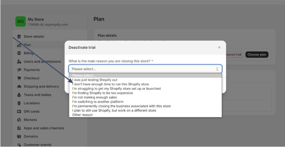 Choose A Reason To Deactivate Your Shopify Free Trial