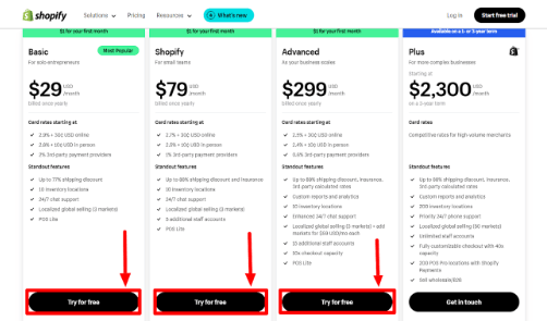 Shopify Pricing Page