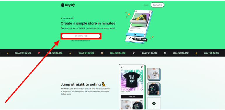 Shopify Starter website & Click On The Get Started Free